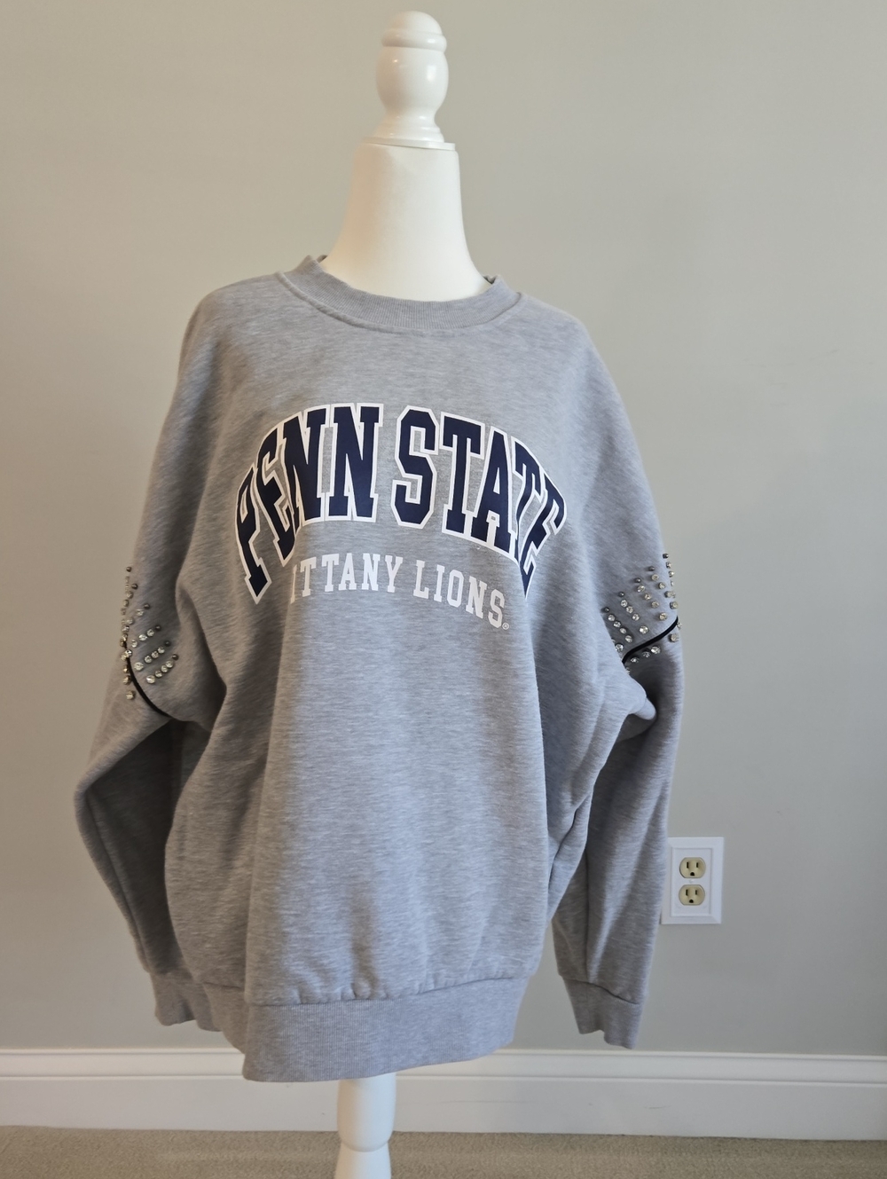 Penn State Gray Crewneck Sweatshirt with Studded Sleeve Detail